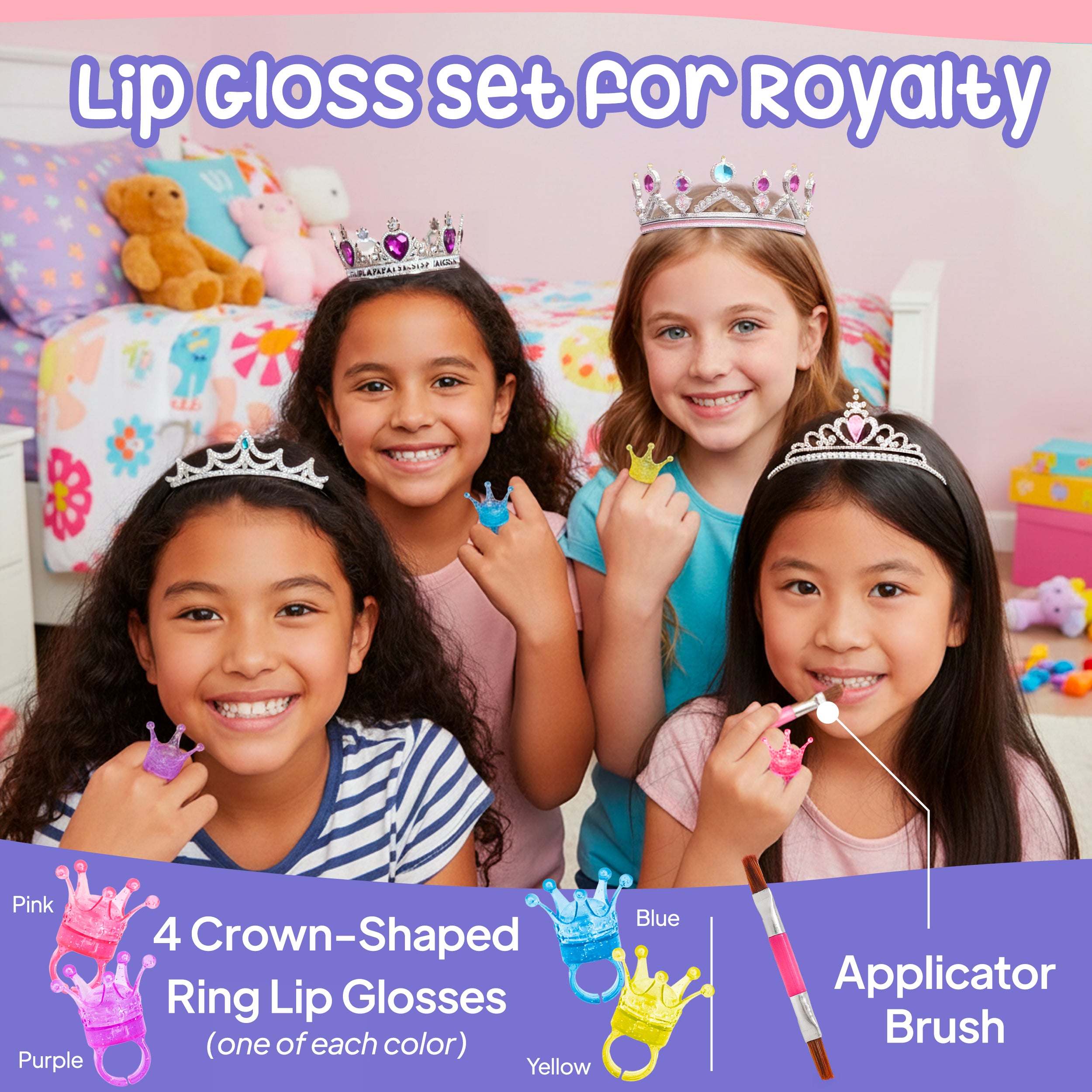 Lip Gloss Ring Set for Girls – Crown Shaped Washable Kids Lip Gloss